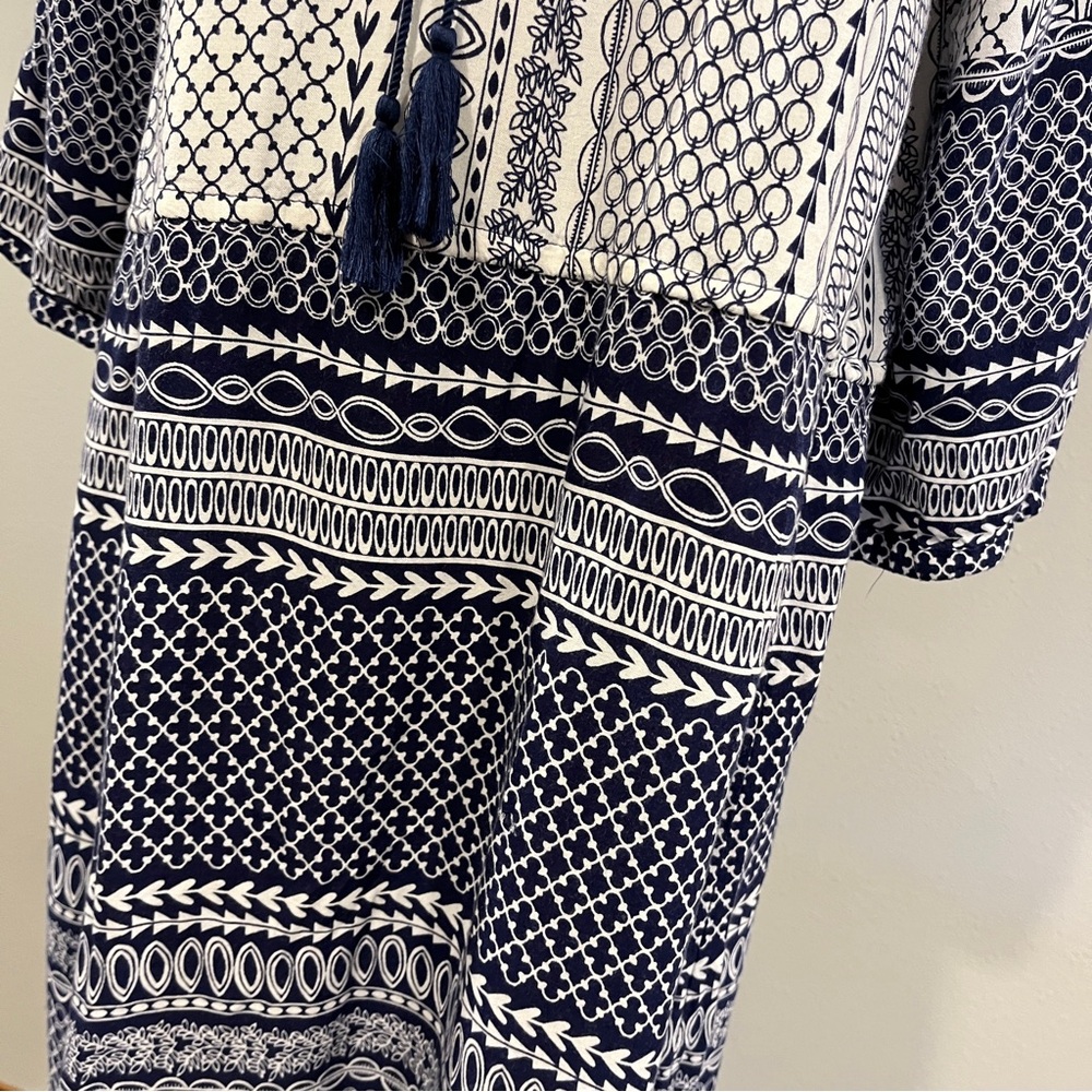 Tanzara Navy and White geometric print loose fit mini Dress size large - Picture 6 of 15